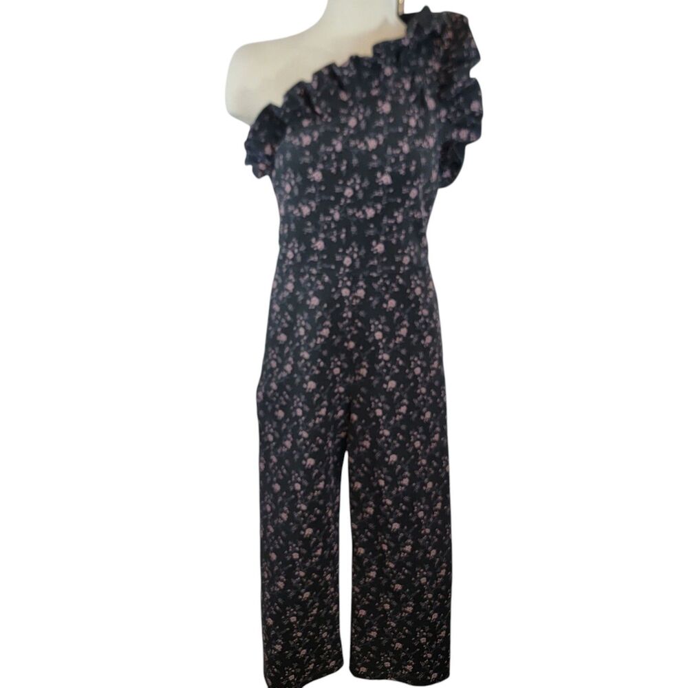 REBECCA TAYLOR Jumpsuit Womans 6 Black Floral Ruffle One Sleeve Crop Wide Leg